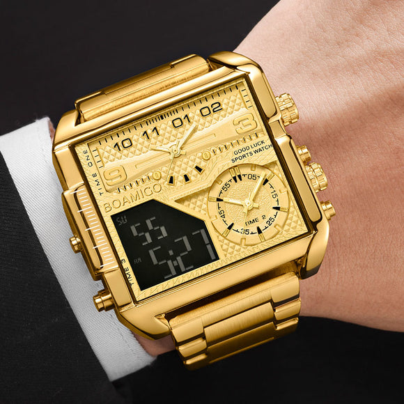 Men Gold Steel Sport Square Digital Analog Big Quartz Watch
